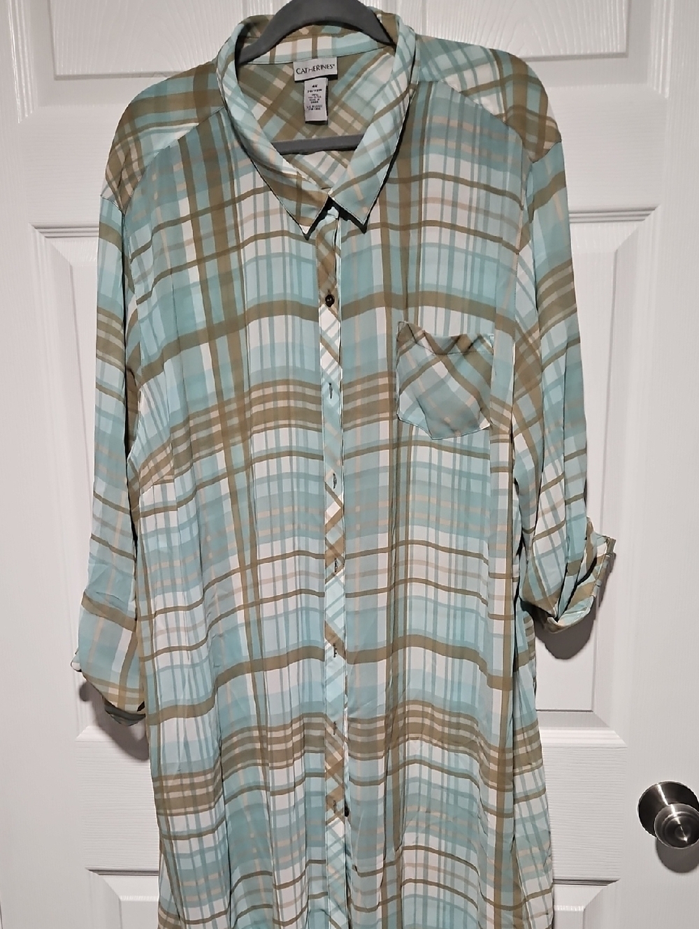 Catherines Aqua and Tan Plaid Button-Down Shirt